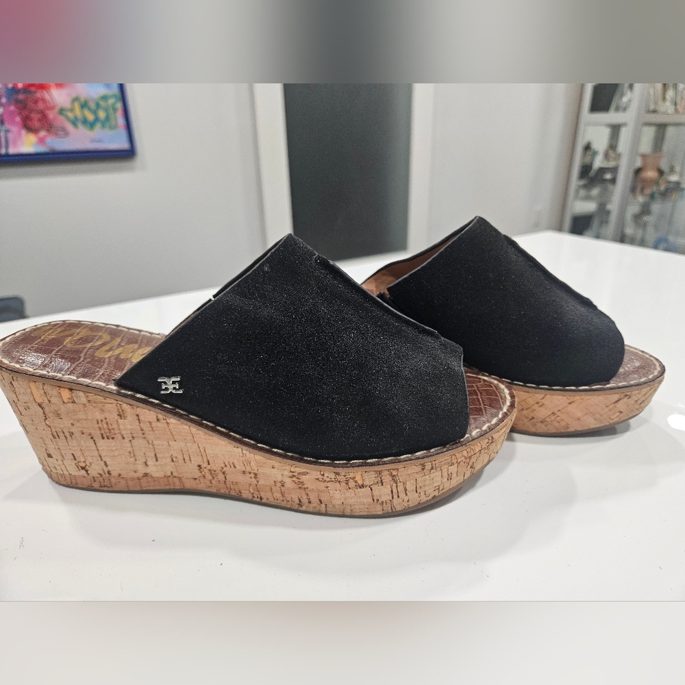 Ladies Sam Edelman Black Suede Cork Wedge Sandals 8M 38